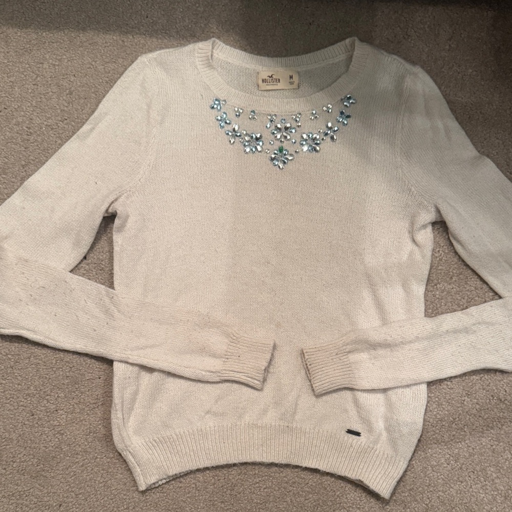 Hollister White Sweater with Blue Embellishments